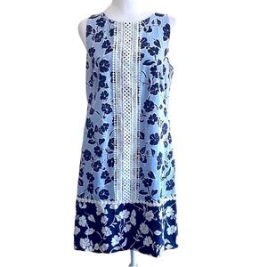 Eliza J Blue and White Lace Trim Floral Shift Cotton Mini Short Dress size 8